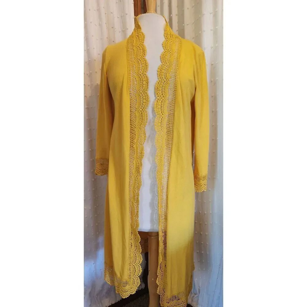 *C36 Tickled Teal golden sunflower yellow long sweater cardigan with lacy trim